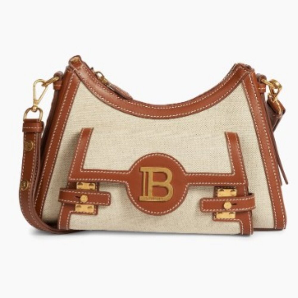 Balmain  B-Buzz Canvas & Leather Shoulder Bag Natural / Camel